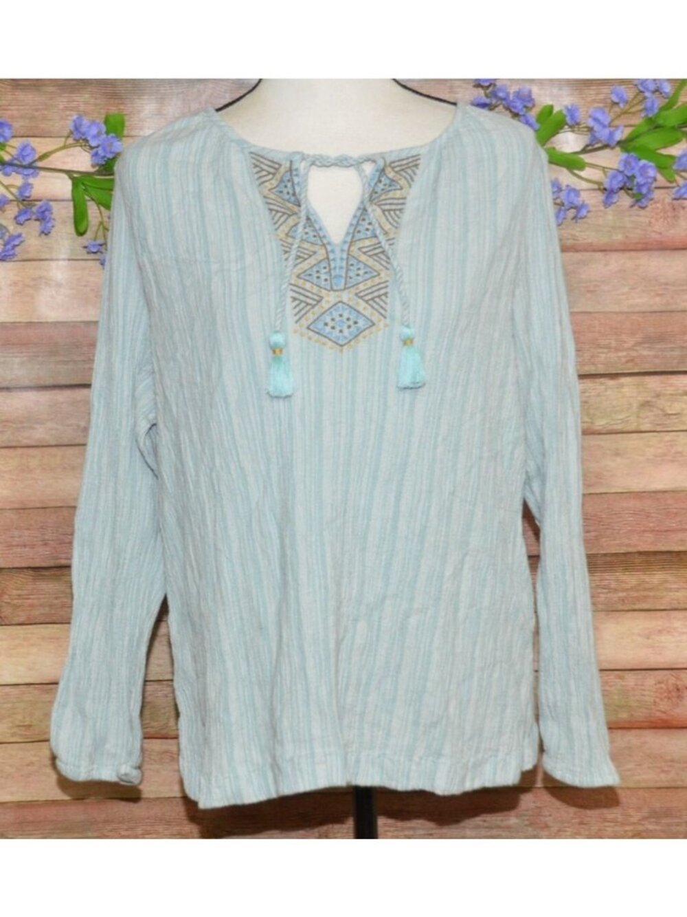 J. Jill Ladies Blue Striped Pullover Blouse XL Embroidered Tassels V-Neck Tunic